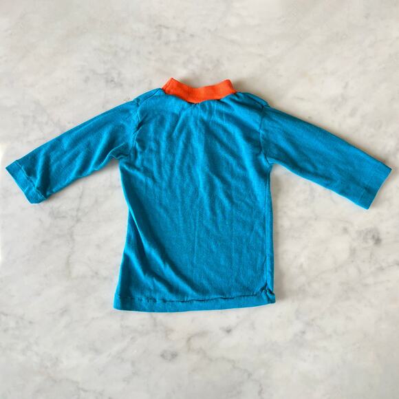 Vintage 70s Girl's Turquoise Flower Appliqué Long Sleeve Mock Neck Shirt - Picture 6 of 6